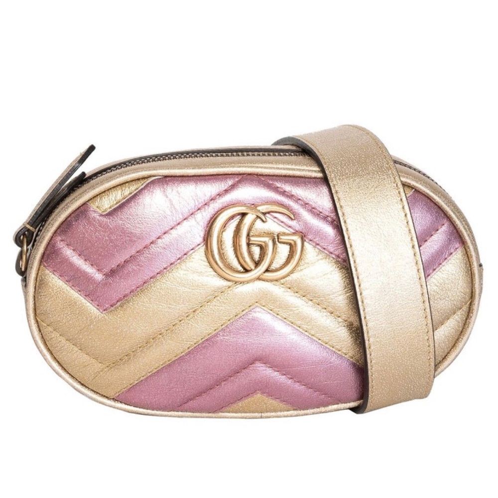 GUCCI Metallic Calfskin Matelasse Mini GG Marmont Belt Bag in Gold and Pink